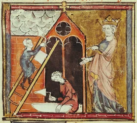 F.235v Kong Ludvig VI (1080-1137) Ser opførelsen af en kirke, fra Grandes Chroniques de France 1375-79