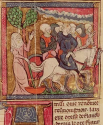 F.288r Ferdinand af Portugal (1186-1233) Greve af Flandern taget som fange til Paris efter slaget ved Bouvines, 27. juli 1214, Grandes Chroniques de France, 1375-79
