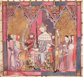 F.3r Kongen, der administrerer retfærdigheden, fra Justiniani i Fortiatum
