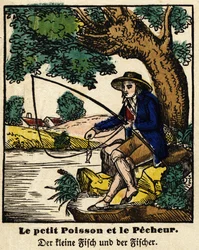 Fables de La Fontaine: den lille fisk og fiskeren. Billede af Epinal, første halvdel af det 19. århundrede.