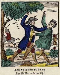 Fables de La Fontaine: tyvene og æslet. Billede af Epinal, første halvdel af det 19. århundrede.