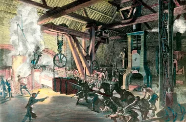 Fabrik: "" Le hamteau trommeslager (hammer-trommeslager) des forges du Creusot i 1865"" Gravering omkring 1865. Privat samling
