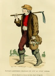 Bondedragt fra 17. til 18. århundrede. Farvestik efter en tegning af Chevignard, i „Frankrig og franskmændene gennem århundrederne“ af Augustin Challamel, F. Roy, forlægger, Paris 1882. Selva-samlingen.
