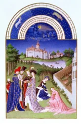 Faksimile af april: høviske figurer på slottets område af brødrene Limbourg, fra Tres Riches Heures du Duc de Berry (for original se 8436)