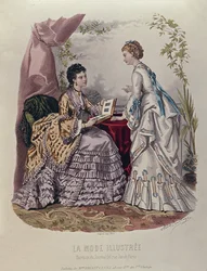 Modeplade, der viser damer i kjoler designet af Mme Breant-Castel og ser på fotoalbum, 1872