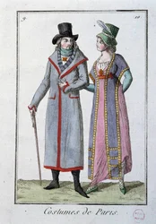 Mode under Directoire: et par elegante parisere. Anonym litografi af 1795. Paris, kostumemuseum