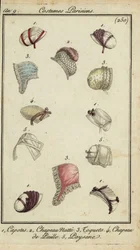 Moderigtige hatte fra 1800 (håndfarvet kobberstik)