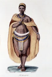 Hottentotkvinde (Venus Hottentote) i traditionel dragt - i ""Bibliotheque Universelle des Voyages"" af Albert Montémont, red. Armand Aubrée