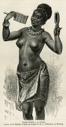 Femme Okanda har sit toilet, tegnet af D.Maillard, for at illustrere historien om en tur til Gabon og Ogoue-floden i 1875-1877 af Alfred Marche. Indgravering i Le tour du monde