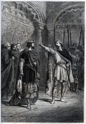 Feodalt regime: "Hvem gjorde dig til konge? “” : Audebert (Adalbert), greve af Perigord (968-995), svarer uforskammet til kong Hugues Capet (938-996), der spurgte ham, hvem der fik ham til at tælle - Gravering af dæk af “Histoire de France” af Guizot