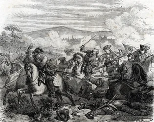 Ferdinand de Marsin dødeligt såret i slaget ved Torino 1706 (gravering)