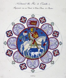 Fernand III, konge af Castilien, repræsenterer på et farvet glas af Notre Dame de Chartres (1252). College lignelse.