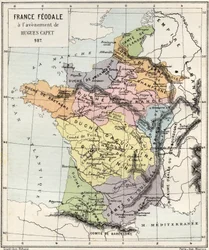 Feudalisme - Frankrig Feudalisme ved fremkomsten af ​​Hugues Capet - 987 - gravering fra "" Frankrigs historie fortalt til mine børnebørn"" - af Francois Guizot - 1872-1876