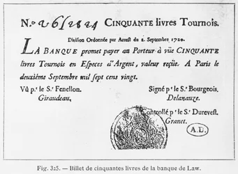 Halvtreds pund fransk seddel fra Law Bank, dateret 2. september 1720