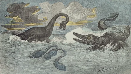 Kamp mellem en Plesiosaurus og en Ichthiosaurus i Liassic- eller Jurassic-perioden (208 til 146 millioner år siden), 1880 (farvegravering)