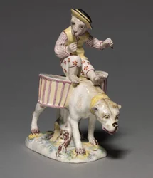 Figur af en abe på en hund, fabrikant Mennecy-Villeroy Factory, Frankrig, ca. 1760