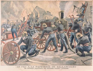 Brandmænd, der bekæmper en brand ved en papirfabrik i Ballancourt, fra Le Petit Journal, 1905