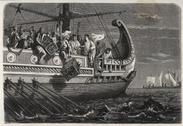 Første puniske krig - Publius Claudius Appius Pulcher (død omkring 240 f.Kr.) før slaget ved Drepanum (249 f.Kr.) får hellige kyllinger til at kaste i havet - Første puniske krig - Slaget ved Drepana - Publius Claudius Appius Pulcher før slaget ved Drepanu