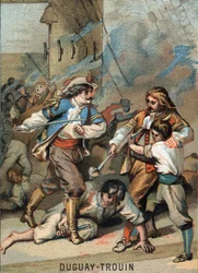 Første bedrift af Rene Duguay Trouin (Duguay-Trouin) (Rene Trouin du Gue dit) (1673-1736), fransk sømand: Duguay - Trouin kombattant Wassenaer (1695). Kromolitografi af serien ""patriotisk uddannelse gennem billede"".