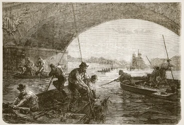 Fiskeri efter våben i Seinen, illustration fra Cassells historie om krigen mellem Frankrig og Tyskland, 1870-1871