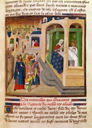 Fol.10r De vidundere, der skete ved fødslen af Alexander den Store (356-323 f.Kr.) illustration fra en bog af Jean Wauquelin, fra Histoire du Grand Alexandre 1460
