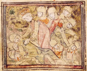 Fol.136v Hvordan Charlemagne (742-814) fandt Roland død, fra Grandes Chroniques de France, 1375-79