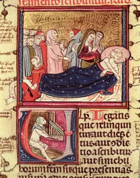 Fol.195v En døende mand, der dikterer sit testamente, fra Justiniani i Fortiatum