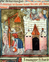 Fol.261v Belejring af Chateau de Chinon, fra Grandes Chroniques de France, 1375-79