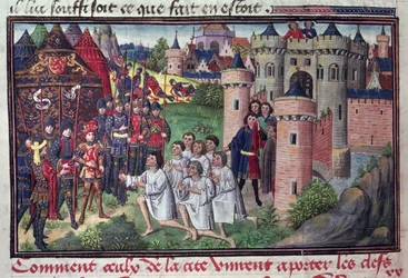 Fol.286v Hvordan indbyggerne i Babylon gav byens nøgler til Alexander den Store (356-323 f.Kr.) fra manuskriptet af Jean Vauquelin, fra Histoire du Grand Alexandre, 1460