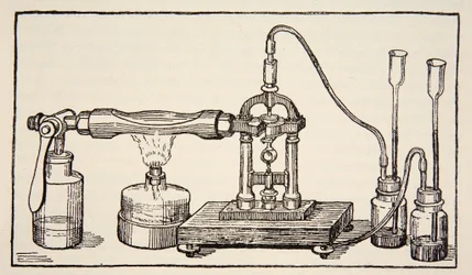 Foucaults drejelige spejl til måling af lysets hastighed, kopi af Boris Meshchersky (d.1957) illustration fra Histoire de la Nation Francaise, Sciences, bind I & II, af Gabriel Hanotau