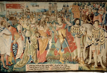 Grundlæggelse af byen Reims: Remus giftede sig med sin datter med kong Francus, søn af Hector. Tapetet af "The fabulous story of the gallers"" lavet af Arras værksted
