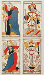 Fire tarotkort med Eremitten, Skæbnehjulet, Mådehold og Djævelen