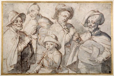 Fire gurdle-spillere og en dreng med pibe, School of Lorraine (pen og blæk med vask på papir)