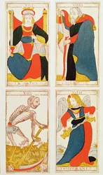 Fire tarotkort med Retfærdigheden, Mådehold, Døden og Eremitten