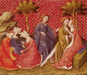 Fr 118 f.219v Hvordan Lancelot kyssede Guinevere for første gang, fra Lancelot du Lac