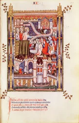 Fr 2091 fol.111 St. Denis prædiker for pariserne, der bryder deres hedenske idoler, fra Vie de St. Denis, 1317
