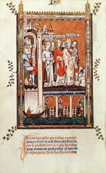 Fr 2092 f.37v Sisinnius viser ligene af andre martyrer til St. Denis og hans ledsagere, fra Vie de St. Denis, 1317
