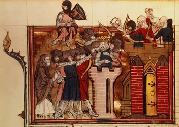 Fr 22495 f.69v Korsfarerens angreb på Jerusalem i 1099, fra Le Roman de Godefroi de Bouillon
