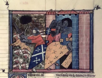 Fr 22495 fol.115r beredne korsfarere kæmper mod saracenerne i c.1185, fra Le Roman de Godefroi de Bouillon