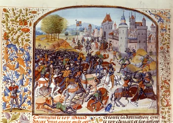 Fr 2643 f.97v Slaget ved Nevilles Cross fra Hundredårskrigen i 1346, fra Froissarts Chronicle