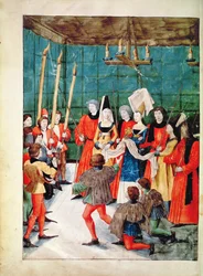 Fr 2692 f.70v Dronningen overrækker prisen for en dystturnering, fra Livre des Tournois de Rene dAnjou, c.1488-89