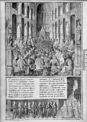Fr 5594 fol.19 Hvordan pave Urban II (1042-99) prædikede generobringen af Den Hellige Gravs Kirke ved koncilet i Clermont-Ferrand, illustration fra Les Passages dOutre-Mer af Sebastien Mamerot de So
