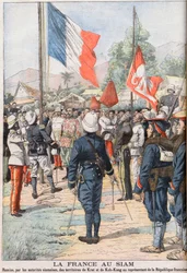 Frankrig overtager områderne Krat og Koh-Kong, Siam efter traktaten af 1904 aftalt mellem siameserne og franskmændene, illustration fra 