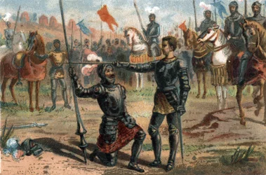 Frans I af Frankrig anmoder om at blive slået til ridder af Chevalier Bayard efter sejren i slaget ved Marignano, Italien
