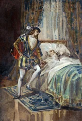 Francois I, konge af Frankrig, modtager Leonard de Vincis (Leonardo da Vinci) sidste suk ved Clos Luce. Kromolitografi omkring 1890.