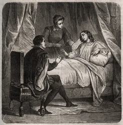 Francoise de Foix, grevinde af Chateaubriant (ca. 1495-1537), syg, modtager Clement des Marets dit Marot (1496-1544), kammertjeneren for Francois 1., i seng. Indgravering fra 1871 i "Histoire Des Cocus Celebres"" af Henry de Kock (1819-1892).