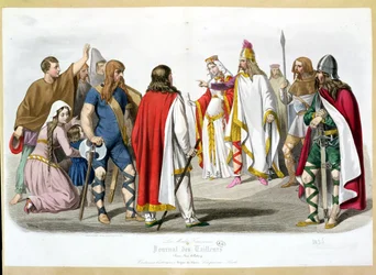 Frankiske og merovingerkostumer, historisk modeplade fra Les Modes Francaises - Journal des Tailleurs, 1836