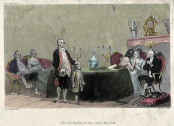 Frimureri: magisk seance af Giuseppe Balsamo, kendt som Alexander, greve af Cagliostro (1743-1795). Gravering fra “Picturesque Histoire de la Franc Maconnerie et des Societes Secretes antique et modernes” af F.-T. B. Clavel. Pagnerre, udgiver