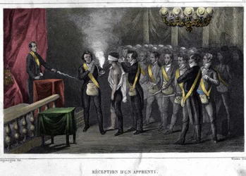Frimureri: indvielse og modtagelse af en lærling. Gravering fra „Pittoresk historie om frimureriet og antikke og moderne hemmelige selskaber“ af F.-T. B. Clavel. Pagnerre, forlægger. 1843.