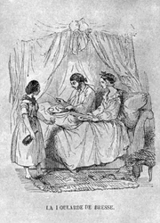 Fransk illustration af en person sengeliggende med gigt. 1848 (gravering)